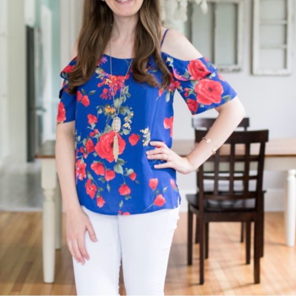 Skies Are Blue Floral Cold Shoulder Blouse - Blue and Red